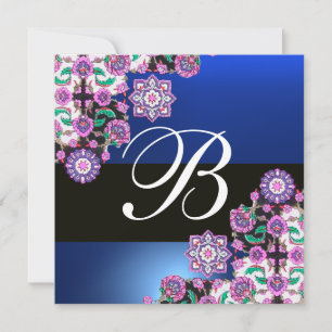 TOPKAPI BLUE BLACK  DAMASK MONOGRAM pink white Invitation
