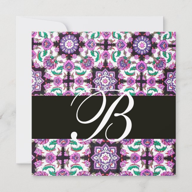 TOPKAPI  DAMASK MONOGRAM  black white pink green Invitation (Front)