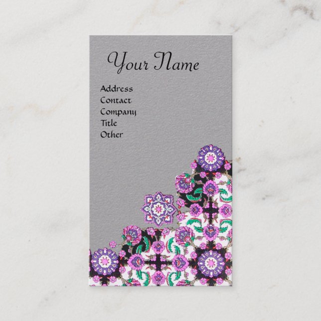 TOPKAPI,FLORAL PINK BLACK ORIENTAL FLOWERS Grey Business Card (Front)