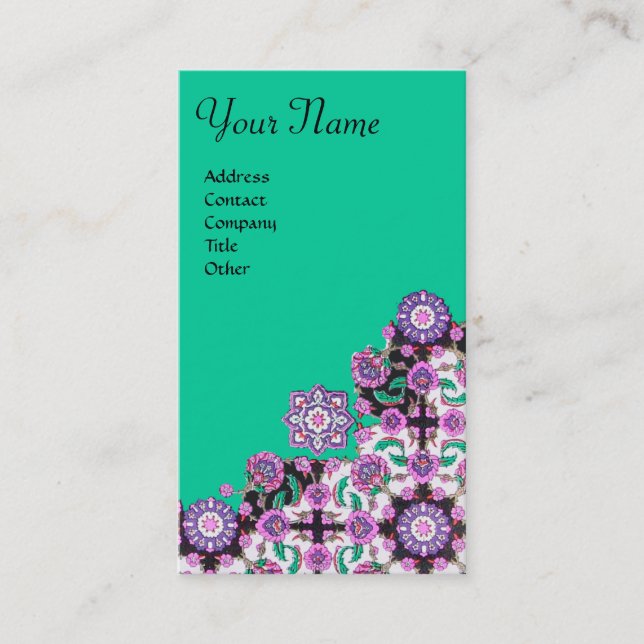 TOPKAPI,FLORAL PINK GREEN  ORIENTAL DAMASK FLOWERS BUSINESS CARD (Front)