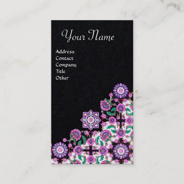 TOPKAPI,FLORAL PINK GREEN ORIENTAL FLOWERS Black Business Card (Front)