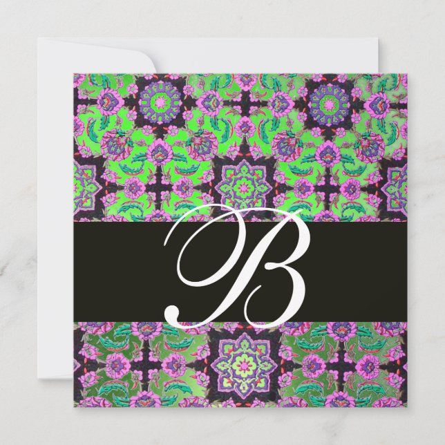 TOPKAPI GREEN BLACK  DAMASK MONOGRAM pink blue Invitation (Front)