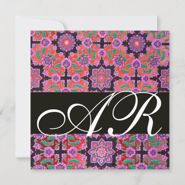TOPKAPI RED BLACK PINK  DAMASK MONOGRAM yellow Invitation (Front)