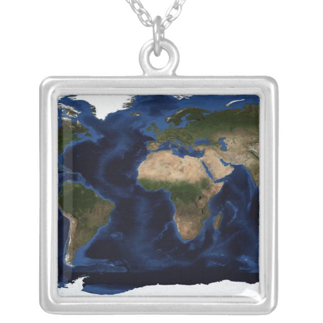 Topographic & bathymetric shading of full earth silver plated necklace (Front)