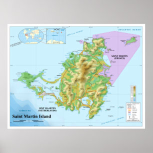 Topographic Map of Saint Martin Caribbean Island Poster