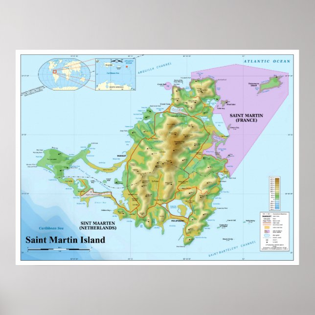 Topographic Map of Saint Martin Caribbean Island Poster (Front)