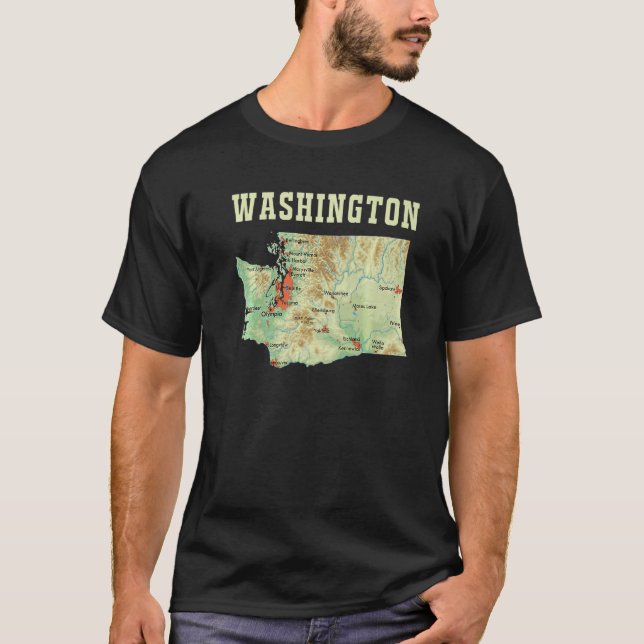 Topographic Map Of Washington State Major Cities R T-Shirt (Front)