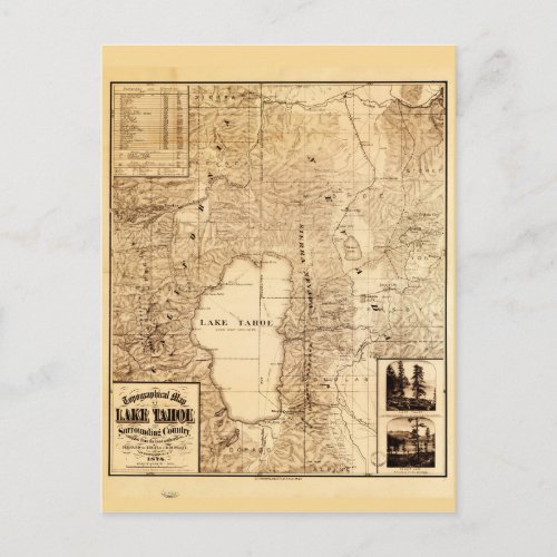 Topographical map of Lake Tahoe 1874 Postcard