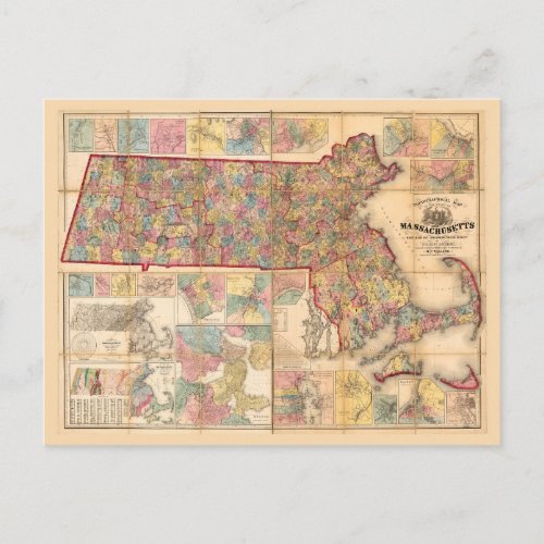Topographical Map of Massachusetts 1861 Postcard