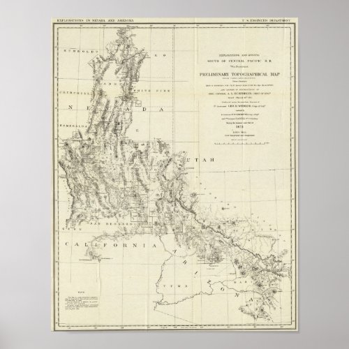 Topographical Map of Nevada and Arizona Poster