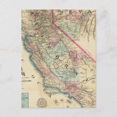 Topographical Railroad and County Map California Postcard