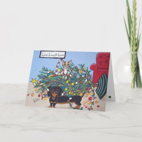 Toppled Tree Holiday Greeting Card for Pet Lovers
