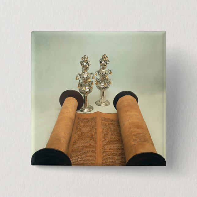 Torah scroll with Silver Crown finials Button (Front)