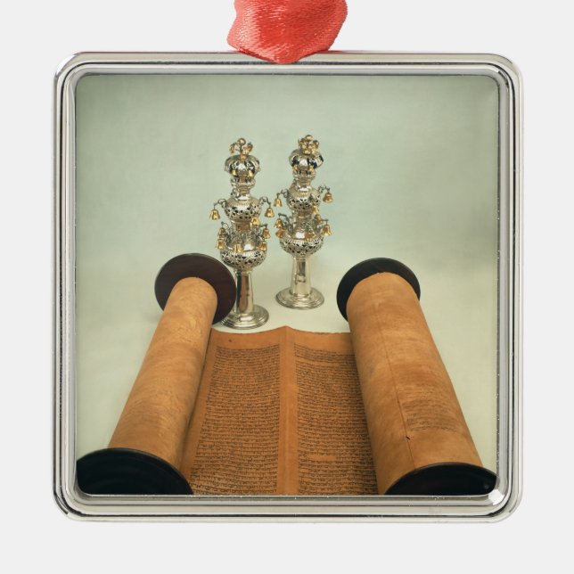 Torah scroll with Silver Crown finials Metal Ornament (Front)