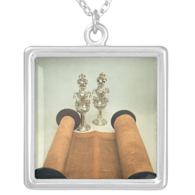 Torah scroll with Silver Crown finials Silver Plated Necklace (Front)