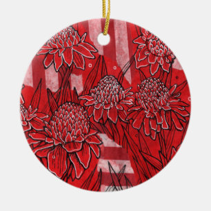 Torch Ginger Lily, Red Flowers Tropical Floral Art Ceramic Ornament