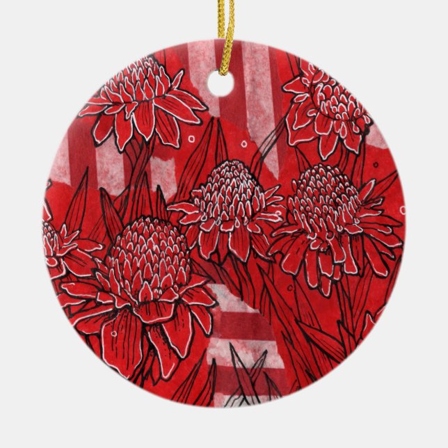 Torch Ginger Lily, Red Flowers Tropical Floral Art Ceramic Ornament (Front)