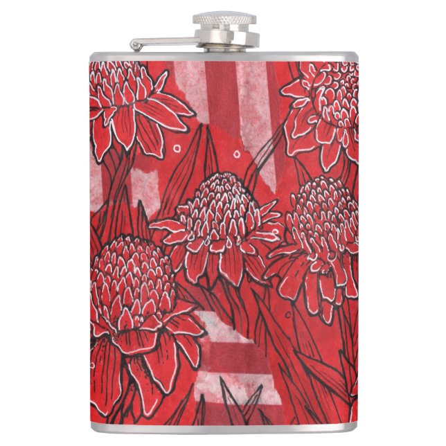 Torch Ginger Lily, Red Flowers Tropical Floral Art Flask (Front)