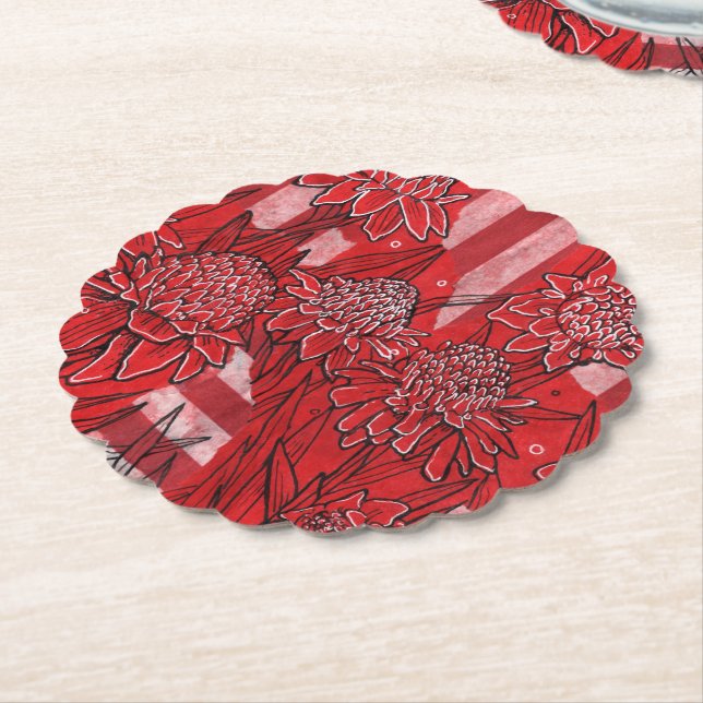 Torch Ginger Lily, Red Flowers Tropical Floral Art Paper Coaster (Angled)