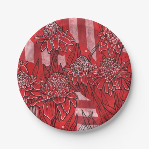 Torch Ginger Lily Red Flowers Tropical Floral Art Paper Plates