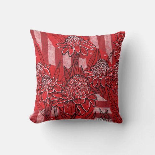 Torch Ginger Lily Red Flowers Tropical Floral Art Throw Pillow