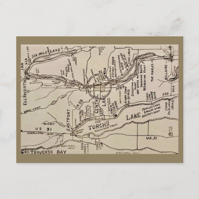 Torch Lake Michigan Vintage Map Postcard (Front)