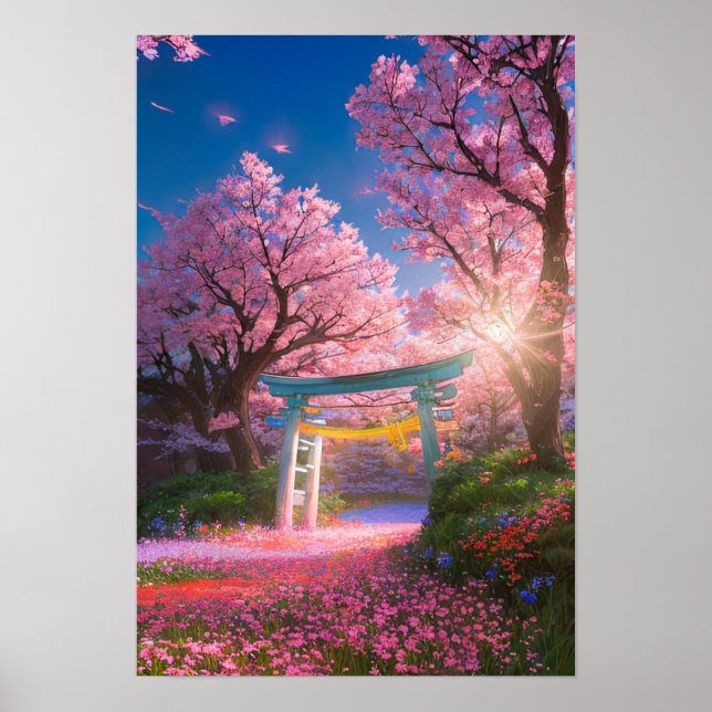 Torii Gate Amidst Cherry Blossom Splendor Poster (Front)