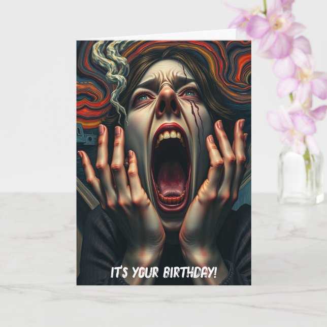 Tormented Woman Haunting Scream Birthday Card (Orchid)