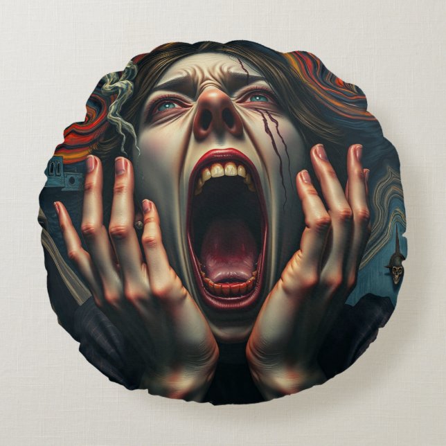 Tormented Woman Haunting Scream Round Pillow (Front)