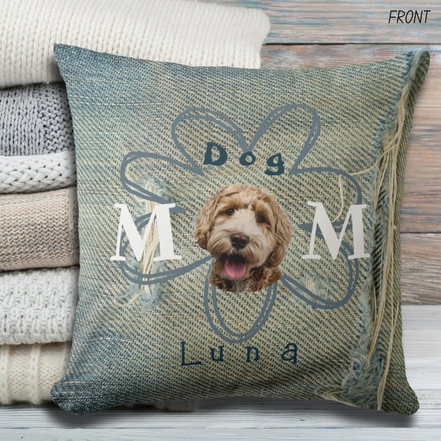 Torn Blue Denim Jeans Hole and Dog Throw Pillow (This is the perfect custom gift for mom! She will love this throw featuring her favorite dog!)