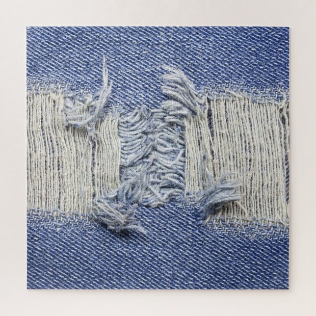 Torn blue denim: jeans texture. jigsaw puzzle (Vertical)