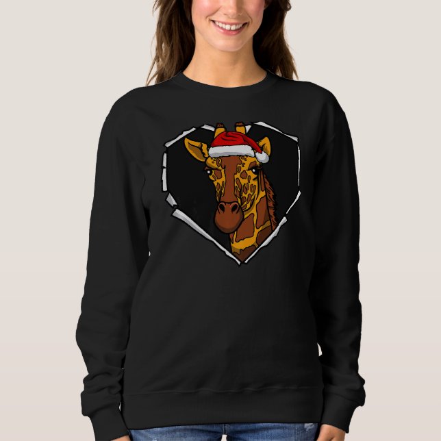 Torn Cloth Giraffe Face With Christmas Hat Hole He Sweatshirt (Front)