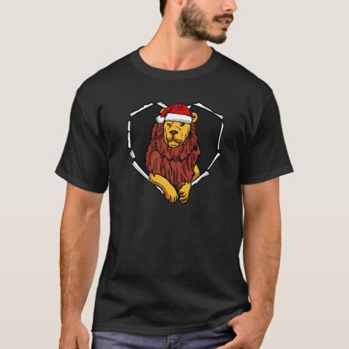 Torn Cloth Lion Face With Christmas Hat Hole Heart T_Shirt