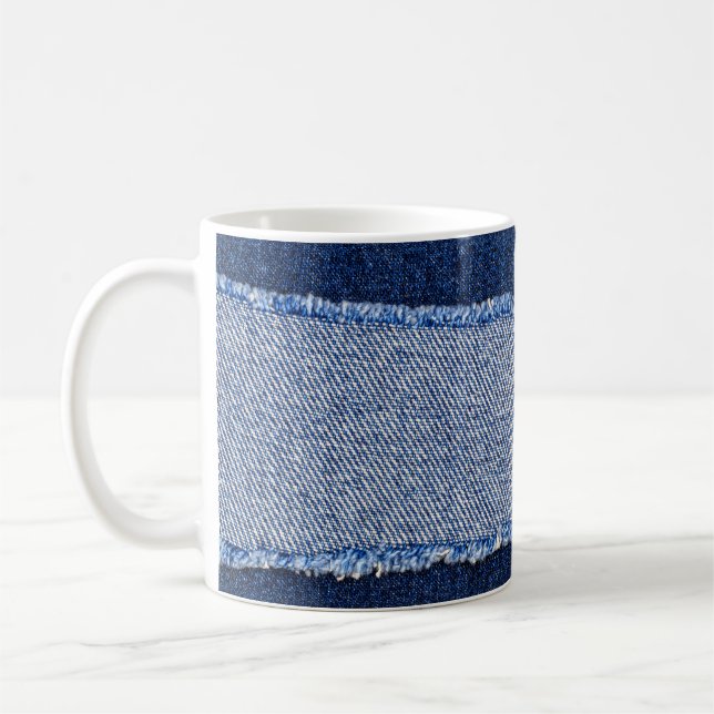 Torn denim: blue jeans fabric. coffee mug (Left)