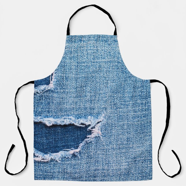 Torn denim fabric texture, blue hues. apron (Front)
