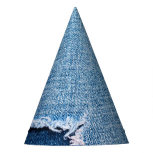 Torn denim fabric texture, blue hues. party hat
