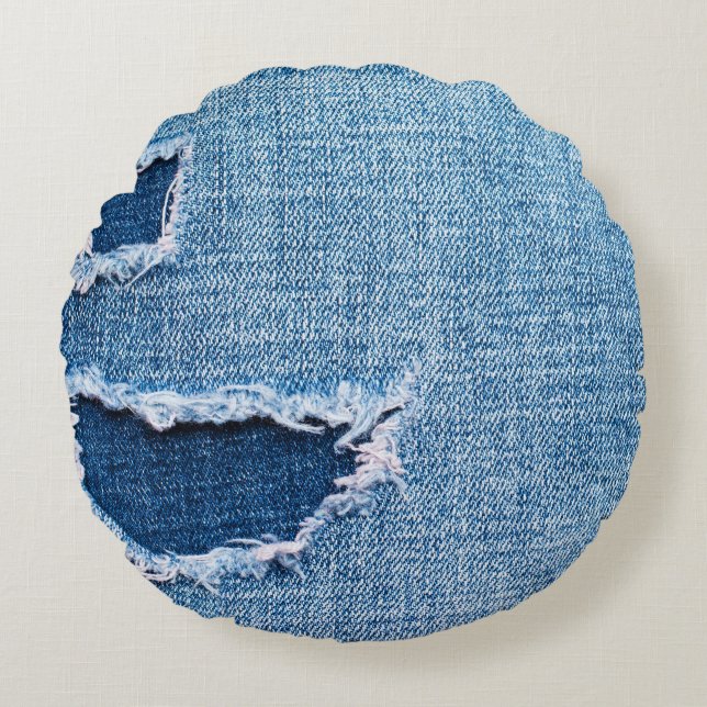 Torn denim fabric texture, blue hues. round pillow (Front)