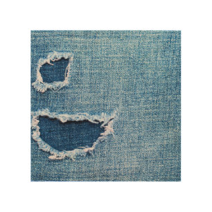 Torn denim fabric texture, blue hues. wood wall art