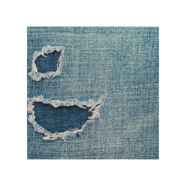 Torn denim fabric texture, blue hues. wood wall art (Front)