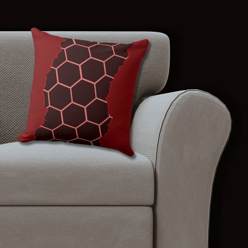 Torn Modern Red Black Honeycomb Pattern Throw Pillow