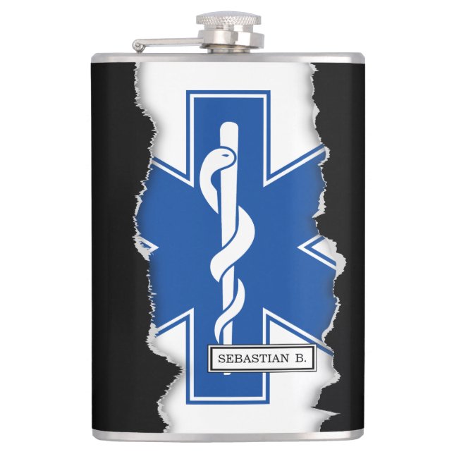 Torn Out EMT Paramedic Symbol Custom Name Hip Flask (Front)