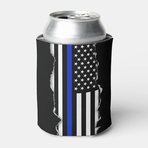 Torn Out Look Thin Blue Line American Flag Can Cooler