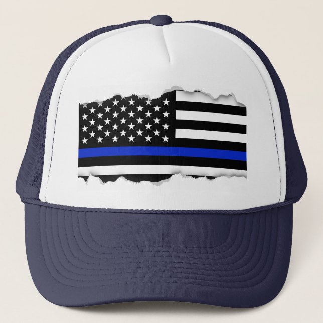 Torn Out Look Thin Blue Line American Flag Trucker Hat (Front)