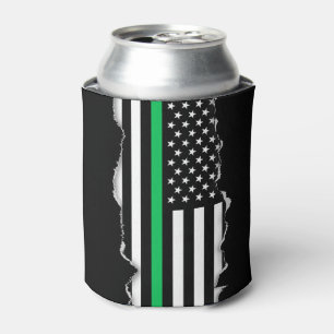 Torn Out Look Thin Green Line American Flag Can Cooler