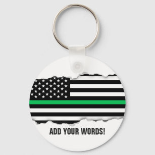Torn Out Look Thin Green Line Flag   Custom Text Keychain