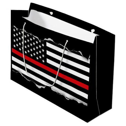 Torn Out Look Thin Red Line American Flag Black Large Gift Bag