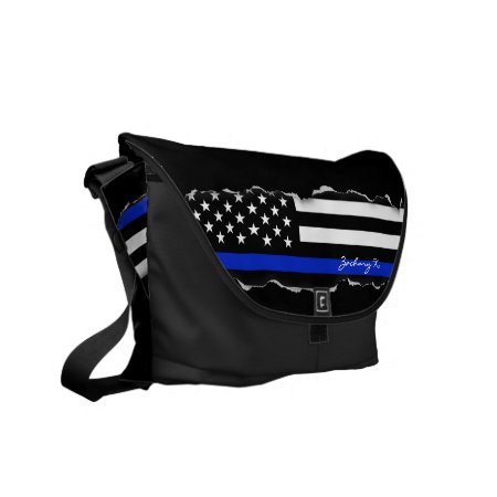 Torn Out Thin Blue Line American Flag Black Messenger Bag