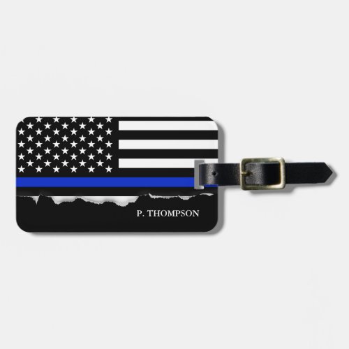 Torn Out Thin Blue Line American Flag Personalized Luggage Tag