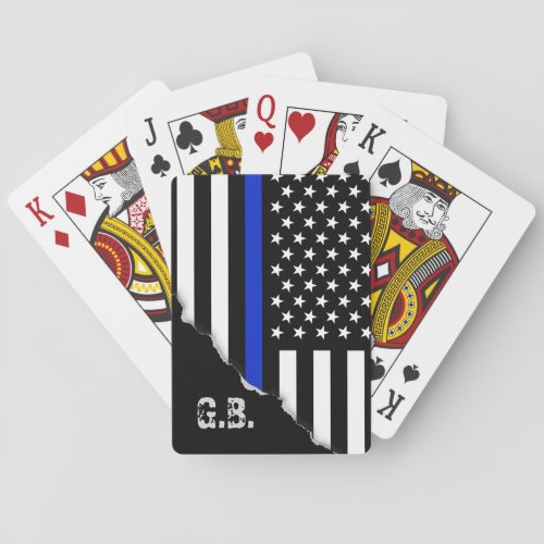 Torn Out Thin Blue Line USA Flag Custom Initials Poker Cards