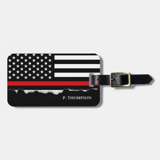 Torn Out Thin Red Line American Flag Personalized Luggage Tag (Front Horizontal)